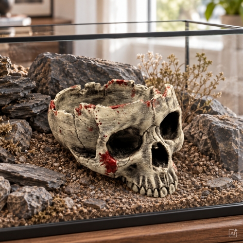Wizualizacja Upiornej Czaszki XL w aranżacji terrarium ze skałami