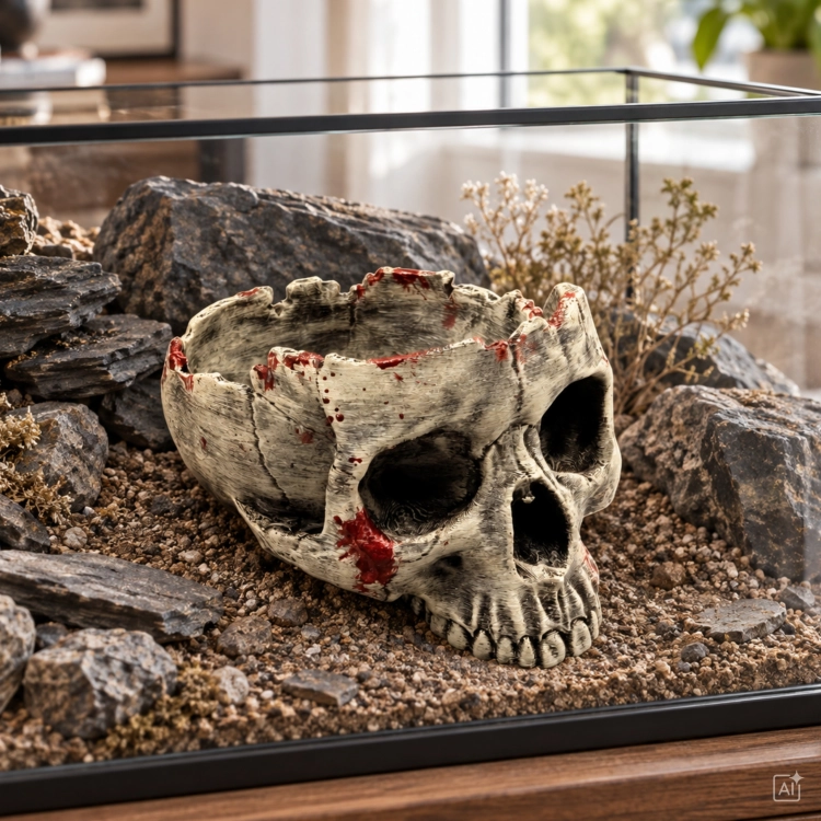 Wizualizacja Upiornej Czaszki XL w aranżacji terrarium ze skałami