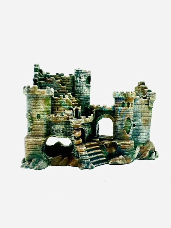 Front Ruin Zamku z wieżami, schodami i łukowymi przejściami